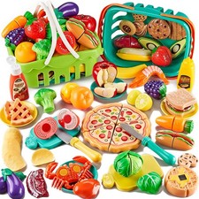 85Pc Pretend Play Food Sets for Kids Kitchen, Cutting toy food with 2 Baskets