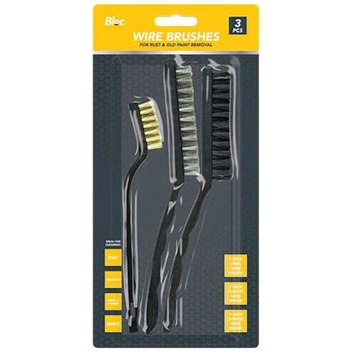 Wire Brushes - 3 Piece Set Nylon Steel Copper Bristles Remove Rust Paint Brass