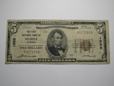 #ad #ad $5 1929 Mobile Alabama AL National Currency Bank Note Bill Charter #1595 FINE $161.99