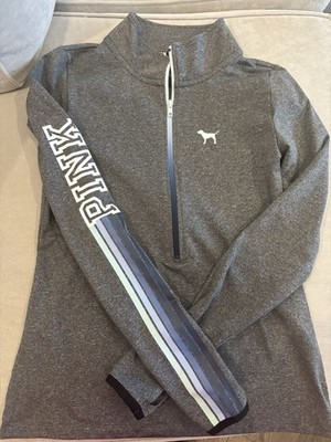 VS PINK Gray Fleece Lined Half Zip Workout Performance pullover 1/4 Zip Sz M