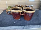 Hull USA Set Of 4 Ovenproof Ceramic Drip Glaze Brown Coffee Mugs Vintage