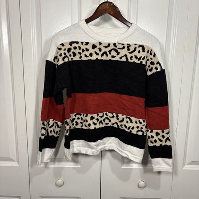 Women s M Colorblock Leopard Stripe Sweater Knit Boho Cozy Fall Trendy Neutral