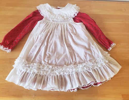 Vintage BRYAN Girls Red Prairie Dress White Lace Ruffle Pinafore Apron 2Pcs Sz6
