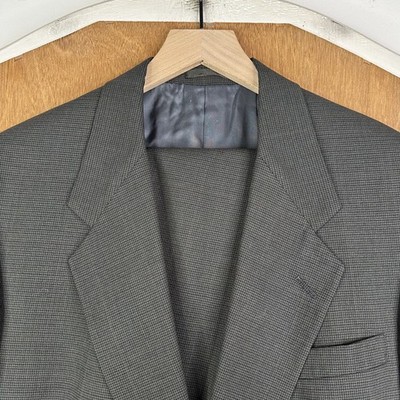 Hart Schaffner Marx Suit Mens 42L Olive Green Houndstooth Wool Canvas 34x29