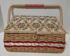 Vintage JC Penney's Wicker Sewing Basket With Divider & Floral Design + Contents