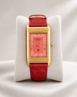 Vintage Seiko Reverso Frame Tank Wrist Watch PINK/GLD Dial RED STRAP