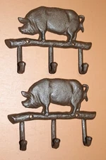 Huge Hog Design Wall Hooks Cast Iron - Pig Farm Bathroom Decor, 2 items H-120