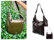 VINTAGE MOSCHINO BROWN CROC EMBOSSED PATENT LEATHER HOBO HANDBAG METAL BUCKLE