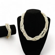 6 Strand Multistrand Seed Pearl Demi Parure Necklace & Bracelet Gold Tone Clasp