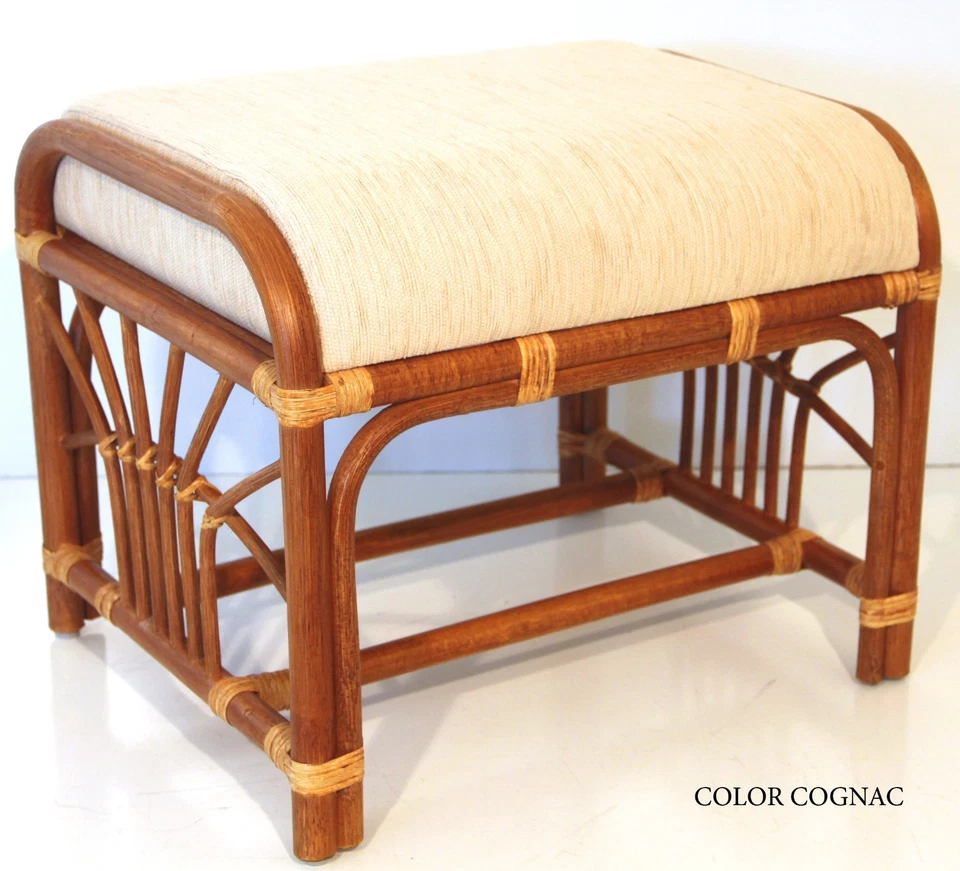 Banqueta Otomana Retangular Feita à Mão Krit Pouf Rattan Vime com Almofada, Conhaque - Imagem 2 de 4