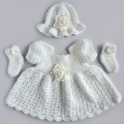 0-3 Month Handmade Baby Girls Christening Baptism Frock Socks and Hat Set