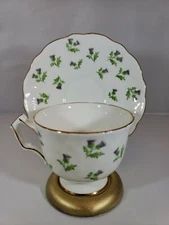 Aynsley Bone China Tea Cup & Saucer England  Purple Thistle Sprigs 