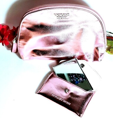 Victoria Secret Makeup Bag Mirror Metallic Pink Piece Set Lot New VS 