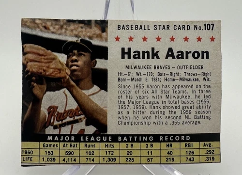 1961 Post Cereal Baseball Card Hank Aaron Milwaukee Braves #107 EX Hand Cut