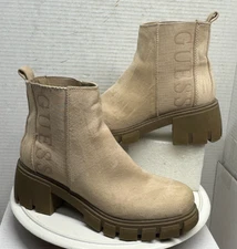 Guess Suede Chelsea Booties Boots Pull On 2.5" Lug Soles Light Beige Womens 6.5