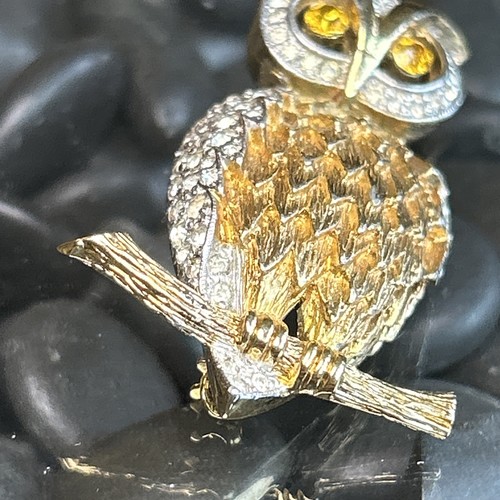 Panetta Pin Brooch Figural OWL Gold Tone Citrine Clear Rhinestone Vintage Signed - Picture 5 of 10