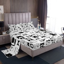 Kids Cat Sheet Set Full Size Cats Print Bed Sheets Set for Boys Girls Teens D...