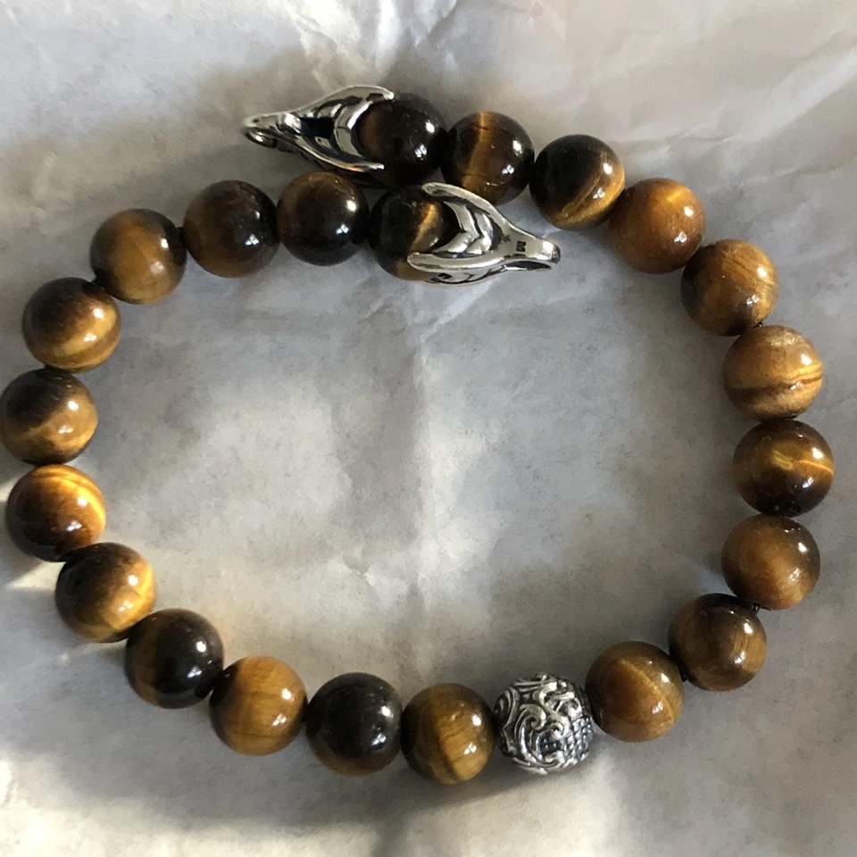 "Pulsera de cuentas espirituales David Yurman ojo de tigre con cuentas onduladas plateadas 925 8"" L como nueva" Foto 2 de 4