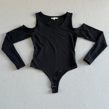 Avec Les Filles Black Cold Shoulder Long Sleeve Bodysuit Top Women's Size M