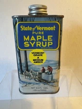 STATE of VERMONT PURE MAPLE SYRUP Advertising Tin Can Full with Content