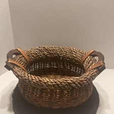 Bamboo/Wicker Wood Handle Basket Farmhouse Rustic Oval 14 Lng X 10 Dia