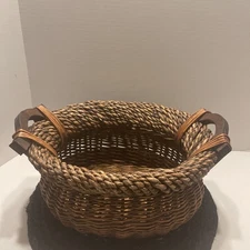 Woven Bamboo & Wood Handled Basket Farmhouse Boho Rustic Oval 14”Long, X 10” Dia