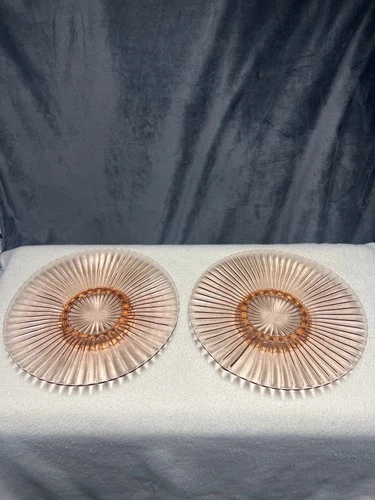 2 Pink Depression Anchor Hocking Ribbed,Ball Footed, 12.5 Inch Cake Plates ￼