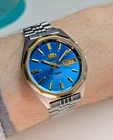 Orient 3 Star Vintage Watch Automatic Japan Men Blue Dial Bracelet Day Date Men