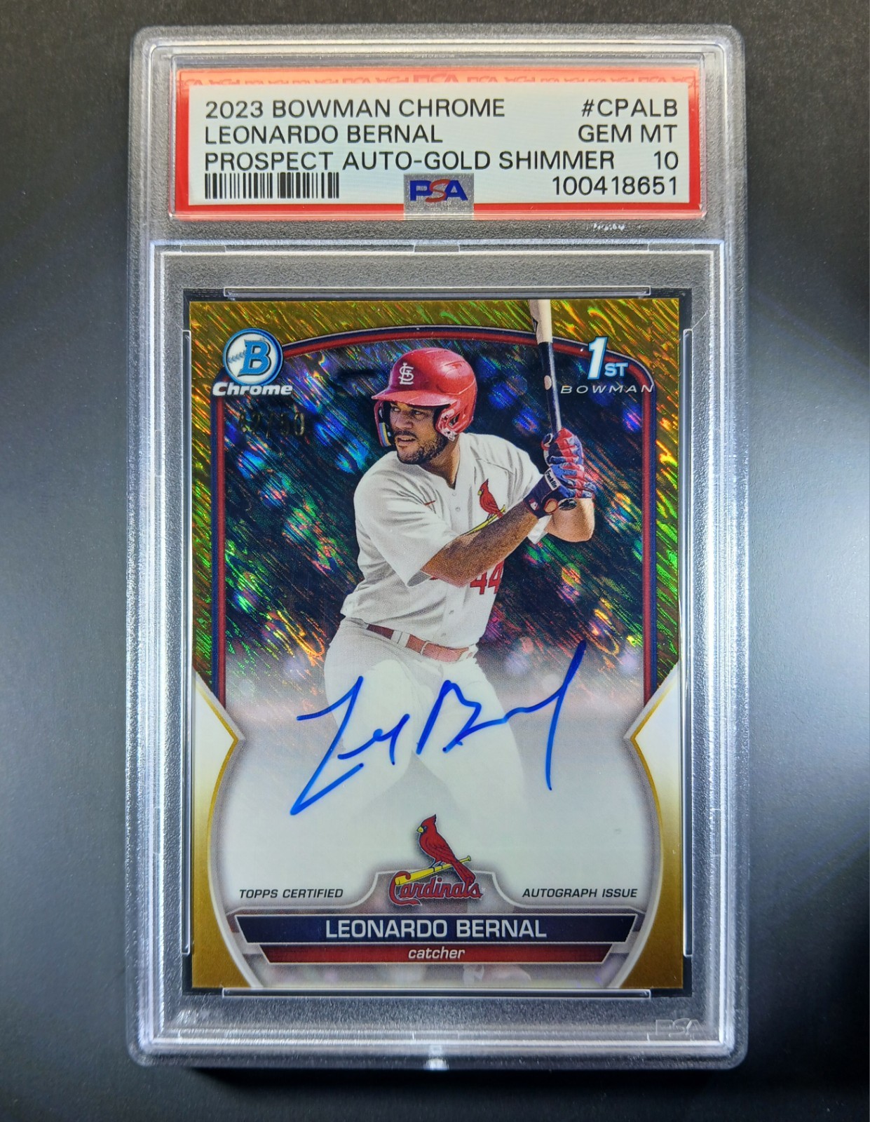 Leonardo Bernal Auto /50 PSA 10 2023 Bowman Chrome 1st Gold Shimmer Prospect