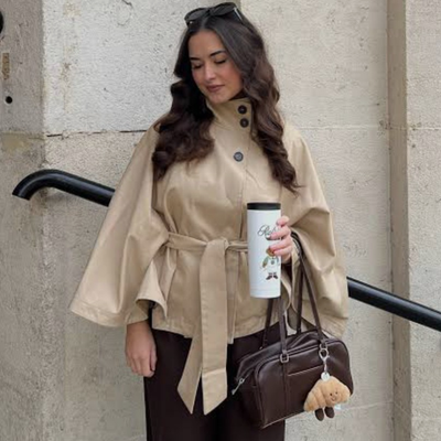 NWT H&M Belted Funnel Collar Cape Trench Coat Jacket Beige