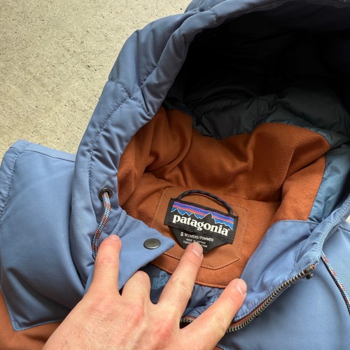Women's Patagonia Sisu Brown Blue Bivy Hooded Down Puffer Vest Jacket Sz Small - Picture 4 of 6