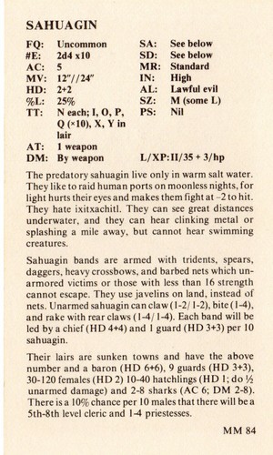Sahuagin, Advanced Dungeons and Dragons Monster Card (single card), 1982 - Picture 2 of 2