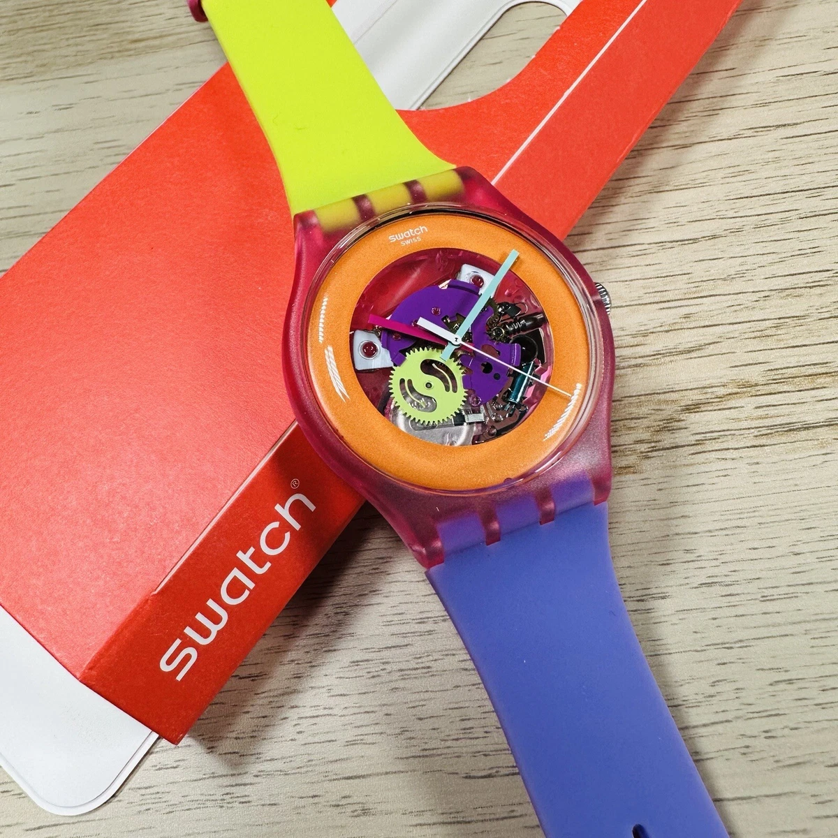 NEW✅ Swatch Dip In Color Orange Skeleton Dial Yellow and Purple Silicone  Watch