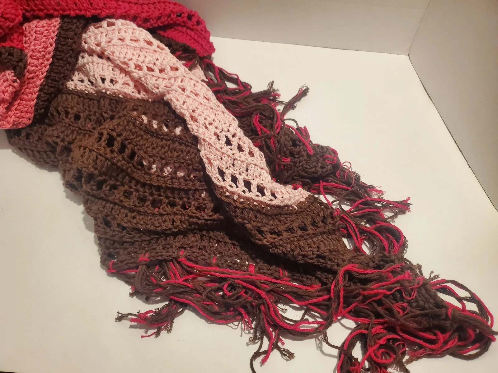 Crocheted Knit Afghan Poncho w/Fringe Bottom Appr. 58" | Pink & Brown | Handmade
