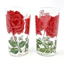 2 VTG Boscul Peanut Butter Drinking Glass Tumblers Pink Rose Flowers MCM Retro