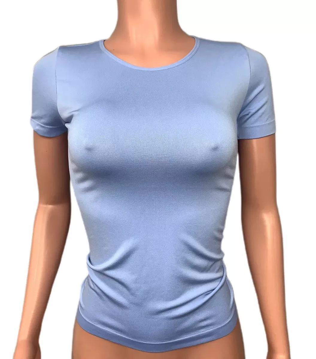 Light Powder Blue Seamless Crewneck Second Skin Tight Tee T-shirt Top Nwt  O/S