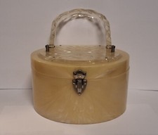 Vintage 60s Round Lucite Beige Purse Carved Lid Pearlized Handbag Box 7"w x 5"h