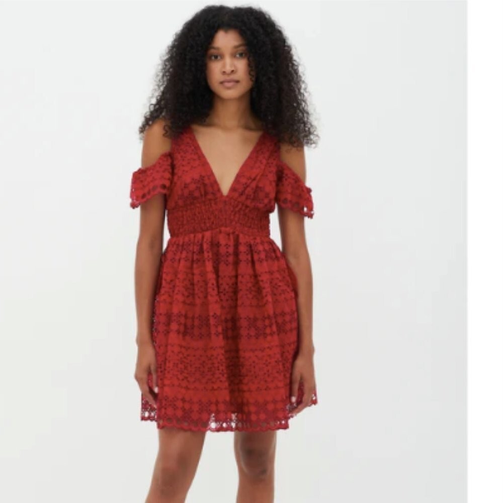 Self Portrait Openwork Lace Eyelet V Neck Sheared Dress Raspberry Red Size 6