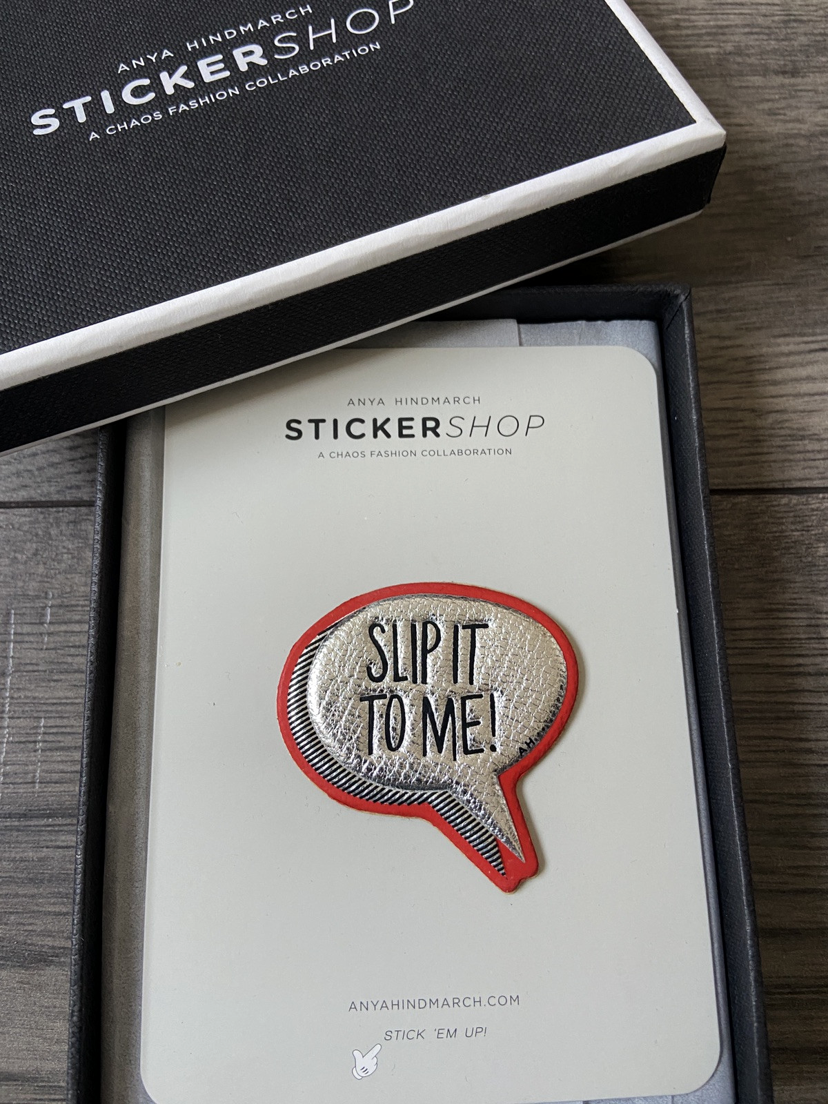 ANYA HINDMARCH METALLIC CAPRA LEATHER ""SLIP IT TO ME"" SPEECH BUBBLE STICKER BNIB