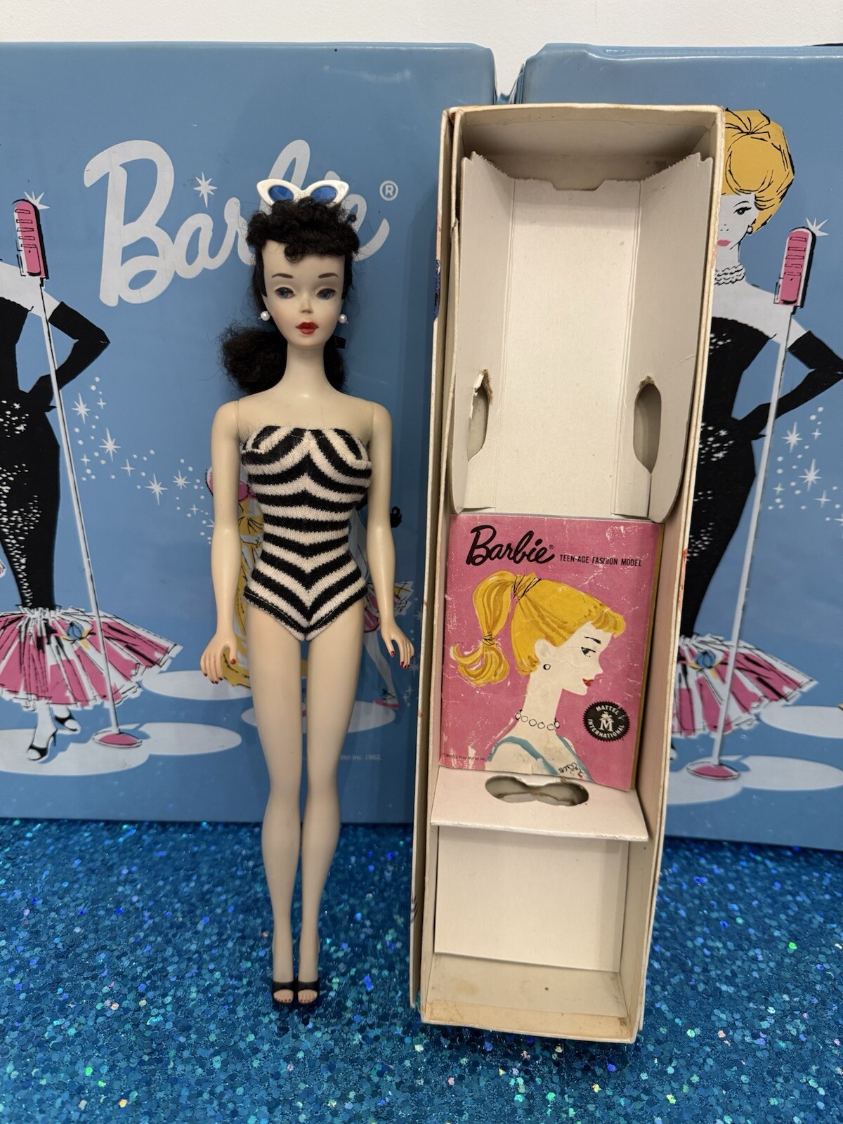 Barbie Doll Vintage Ponytail #3 1959 Brunette Box , Original Brown Line