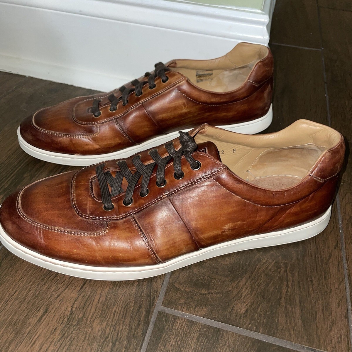 MAGNANNI Bobbie Cognac Tabaco Brown Leather Low Top Leather Tie Sneakers  Men 12