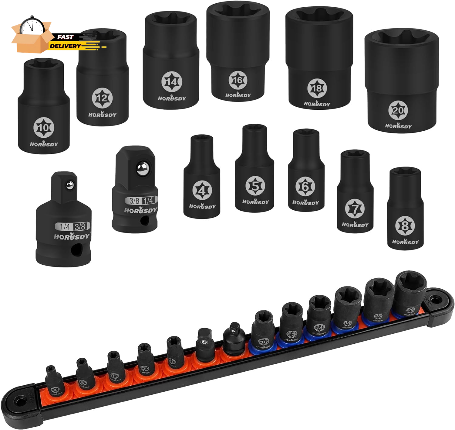 11 Pc Female E Torx Star Socket Set/Rail, Female External Star Socket S