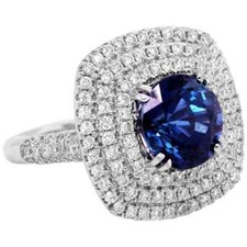 Blue Round Cut Sapphire With Triple Halo Vivid White CZ 5.48TCW 935 Silver Ring