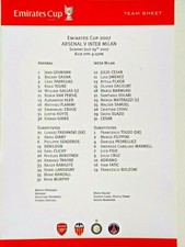 Emirates Cup 2007 Arsenal v Inter Milan 29th July Official Teamsheet. VERY RARE