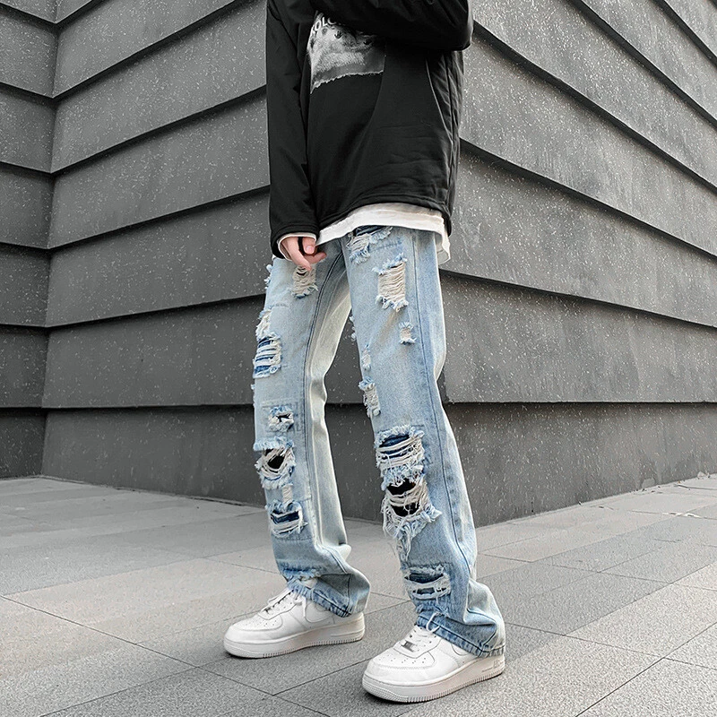 New trendy brand ripped jeans men's ins straight irregular wide-leg beggar  pants