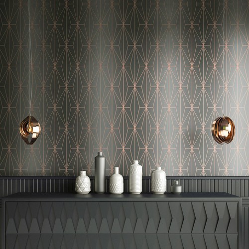 KAYLA METALLIC GEOMETRIC WALLPAPER CHARCOAL / ROSE GOLD MURIVA 703015 - Picture 4 of 4