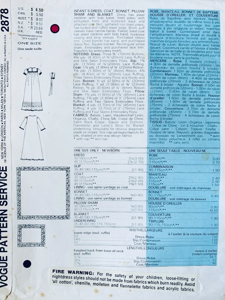 Vogue Pattern 2878 | Baby Dress, Coat, Bonnet, Pillow Sham & Blanket Sz NB UNCUT - Image 3 of 3