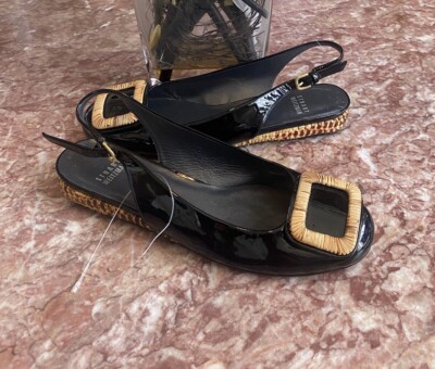New Stuart Weitzman Black Patent Leather Square Buckle Slingback Flats Sz 8 $265