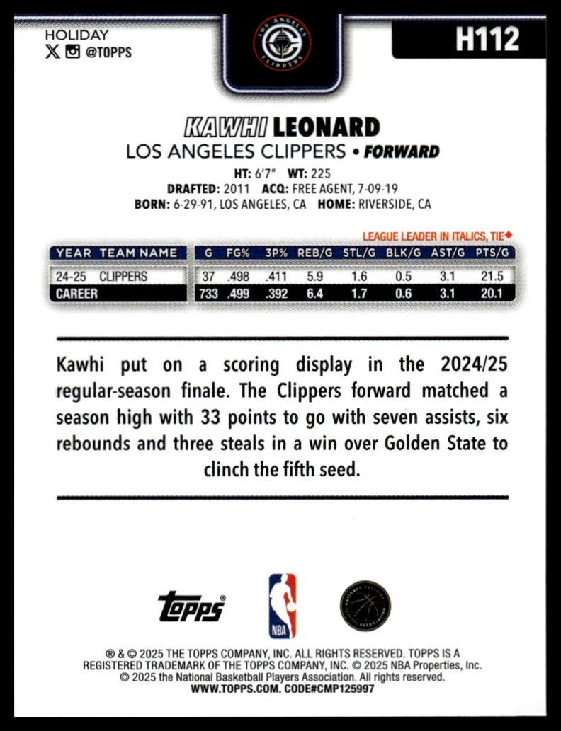 2025-26 Topps Kawhi Leonard #H112 | eBay