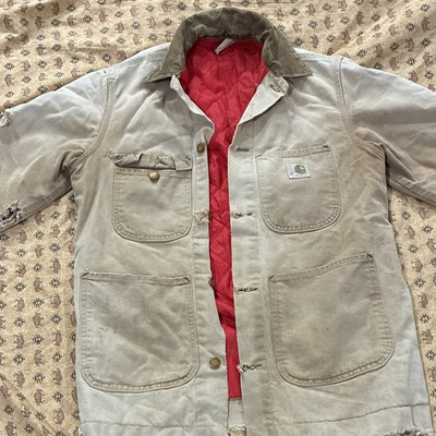 #ad Carhartt Men’s Beige Lined Chore Jacket Button Front Pockets Size 38 $70.00